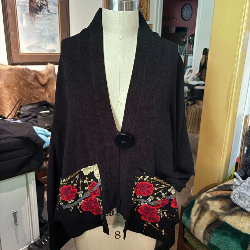 Moonlight Black Drape Jacket with Red Embroidered Floral Panels